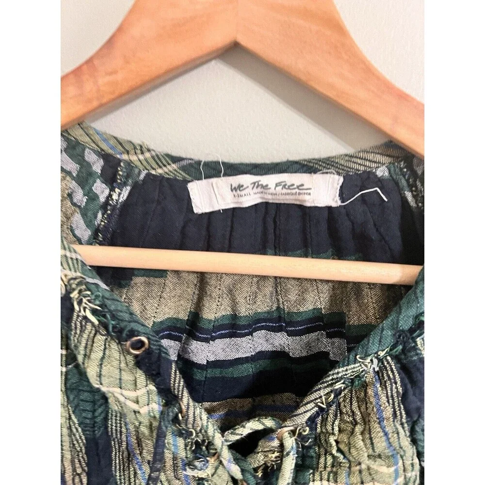 Free People Plaid Tunic Top Oversize Raw Hem Pullover Green Cloudbreaker XS - Picture 5 of 9